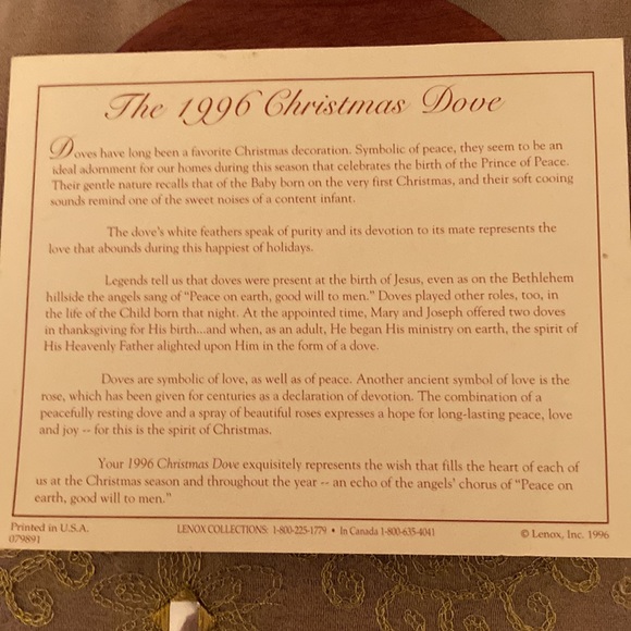 Lenox Collections 1996 Christmas Dove NWOT Vintage - Picture 11 of 11